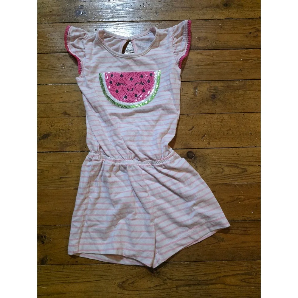 The Childrens Place‎ Girls Pink White Striped Flutter Sleeve Romper 3T